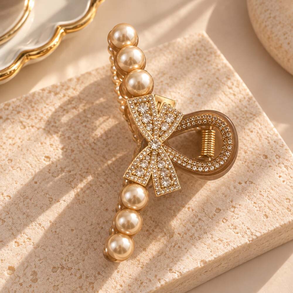 Quiet Luxury Pearl Bow Claw Clip Brown Rhinestone Hair Accessory
